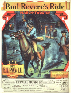 Cover of piano music with a colorful, cartoon image of a man on horseback with other men observing
