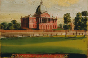 Color drawing of a large, brick building with a dome, surrounded by pasture and trees