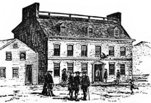Pen and ink drawing of a colonial era tavern.