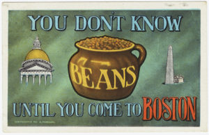 vintage postcard showing pot of baked beans, Bunker Hill monument, and architectural dome