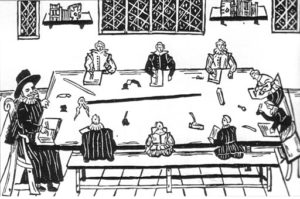 woodcut of children and teacher sitting around a table