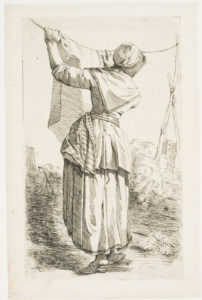 Drawing of woman hanging laundry to dry on a clothesline