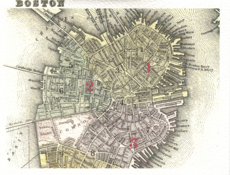 view of Boston in the 18th century with the text BOSTON across top