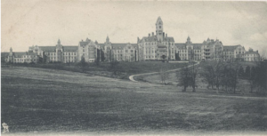 black and white photograph of 19th century hospital building