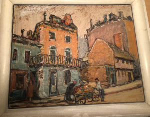 oil painting of a nineteenth century urban street view. Paul Revere House and the Hichborn House represented