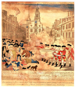Ink and watercolor on paper image of British redcoat soldiers firing guns upon a crowd of colonists