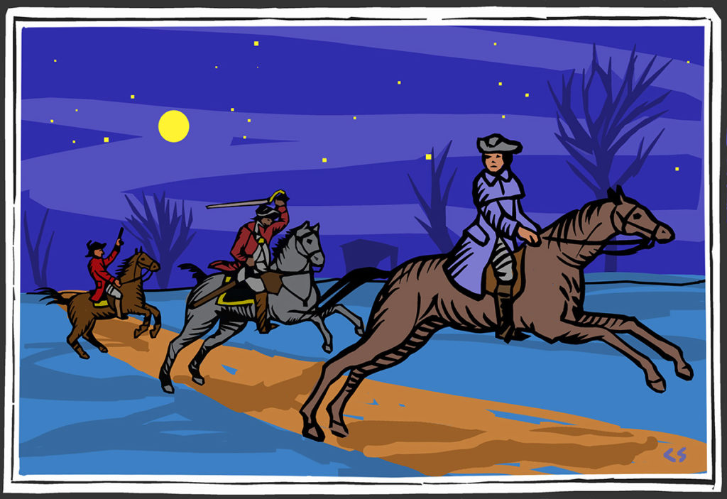 Woodcut style artwork of a man in a blue jacket on horseback fleeing two men in redcoats on horseback with swords and guns drawn.
