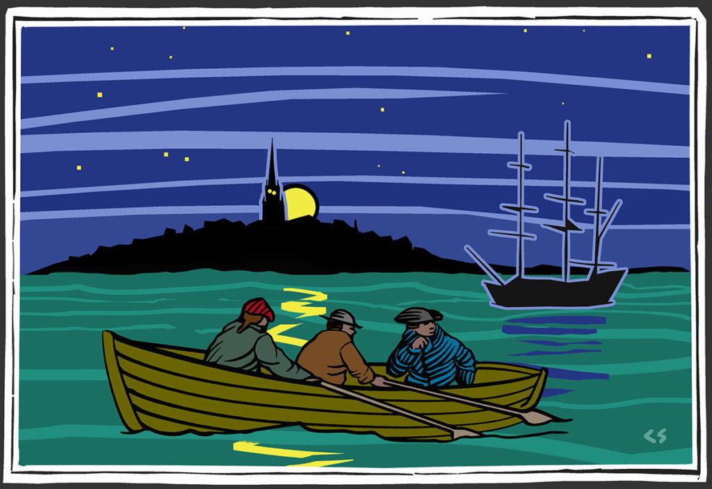 Woodcut style drawing of 3 men in a wooden row boat. In the background is a larger ship and a church steeple illuminated.