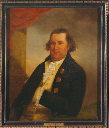 Painted portrait of a man wearing a blue jacket. His left arm is tucked into his jacket across his stomach.