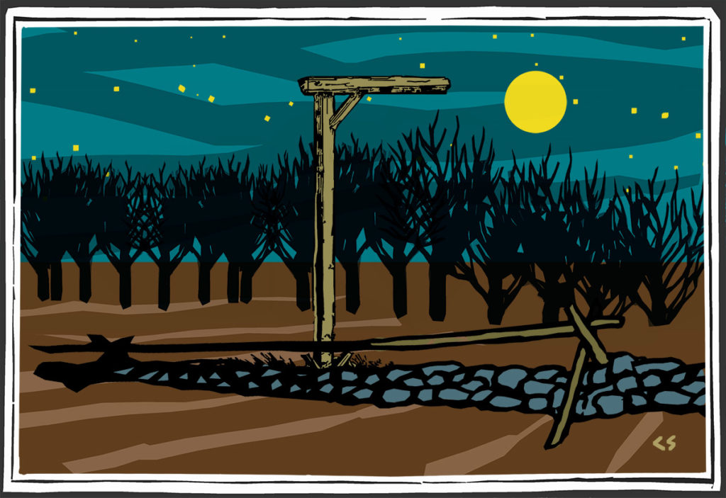 Color digital drawing of a wooden gallow along a rock road with trees and the moon in the background.