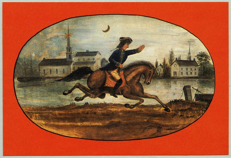 a folk art painting of paul revere on horseback, riding at night past a colonial church building