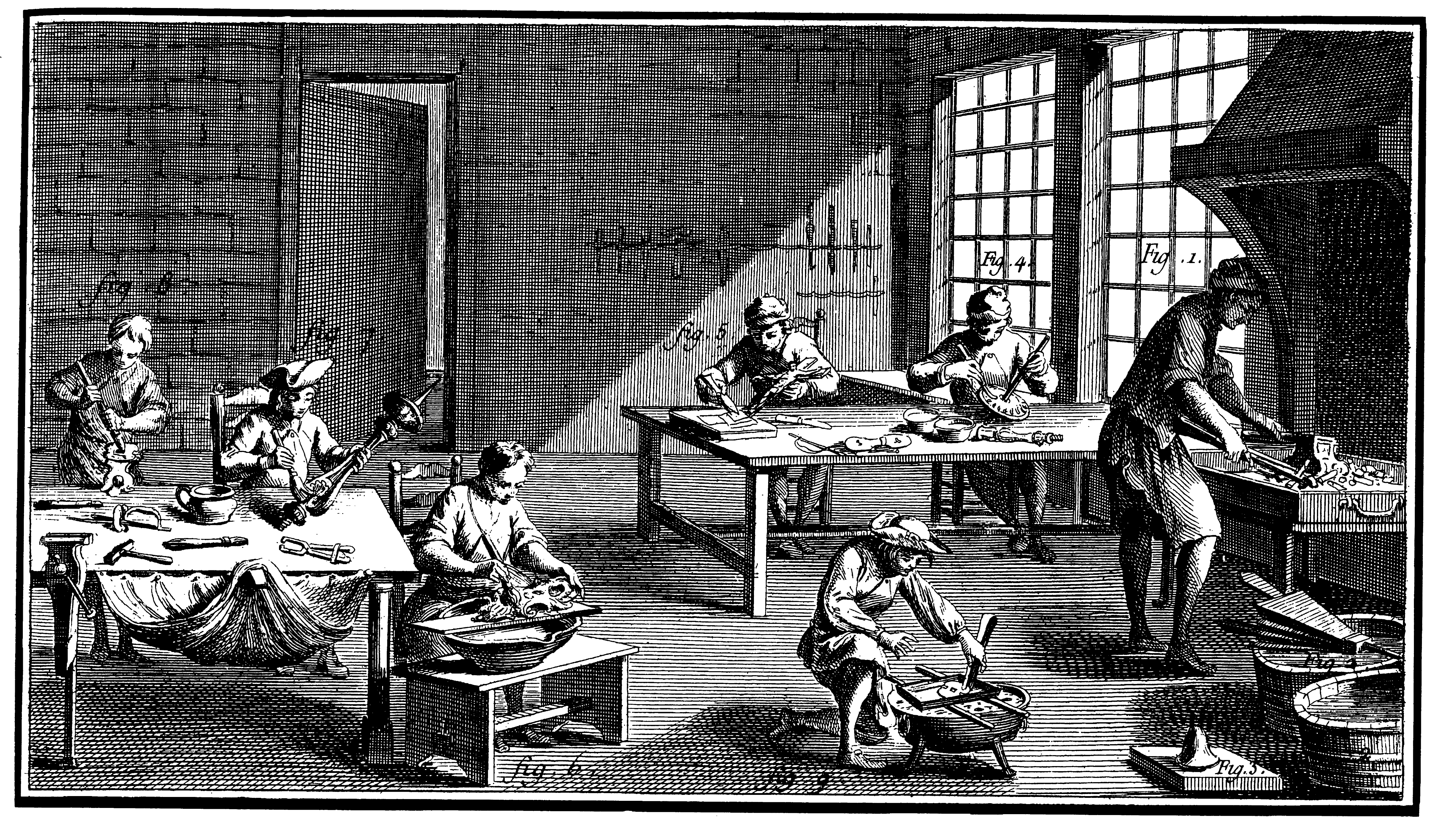 woodcut print of 18th century gilders in their workshop