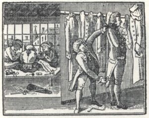 A black and white engraving or sketch of an 18th century tailor measuring someone for new clothes.