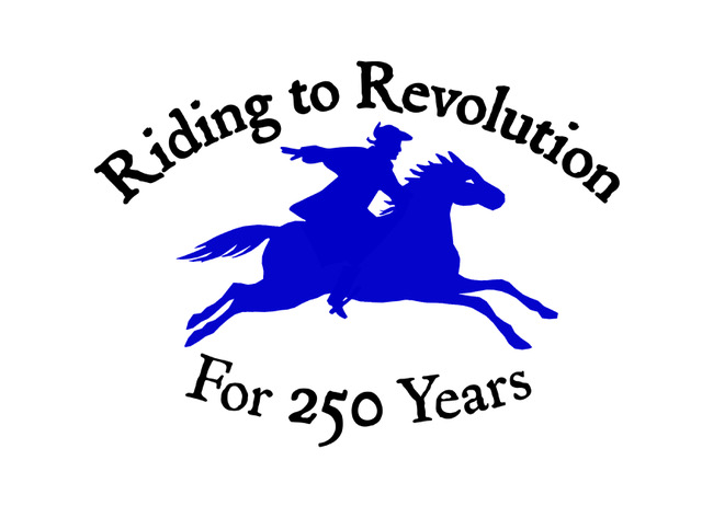 A logo of Paul Revere riding a galloping horse. top text reads "Riding to Revolution," bottom text reads "For 250 Years"