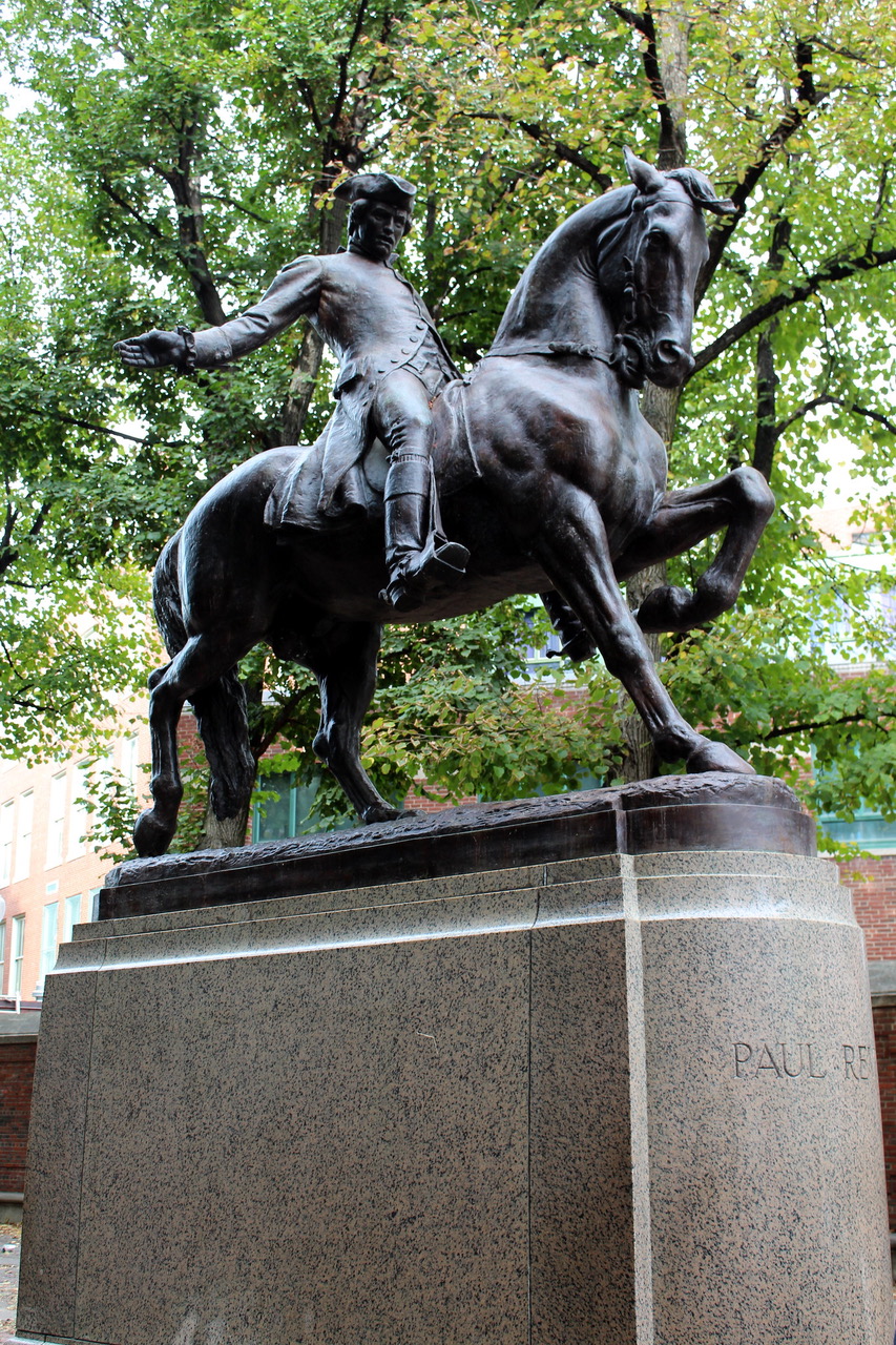 the famous bronze statue of Paul Revere on horseback in the Paul Revere mall in Boston