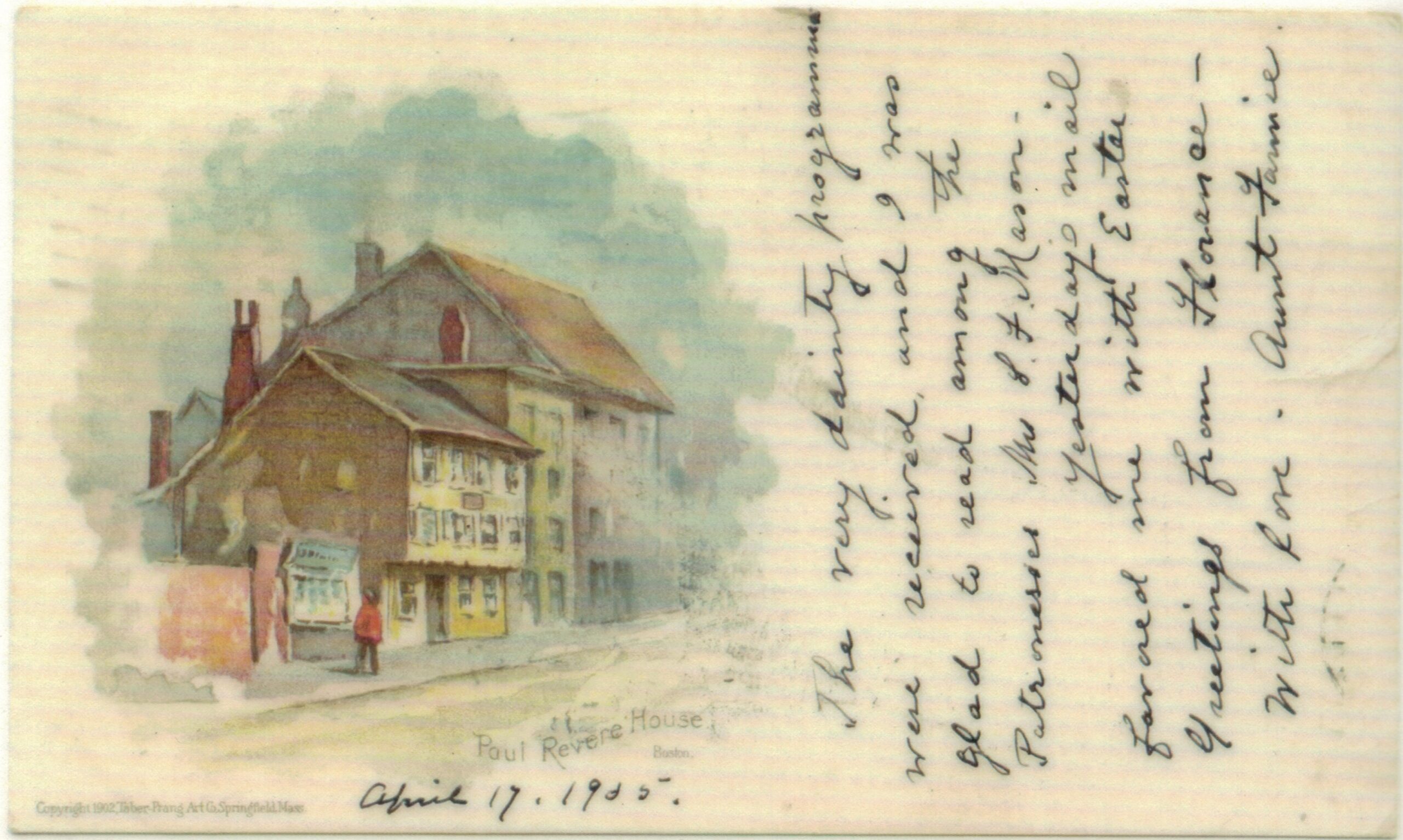 A vintage postcard with a watercolor image of the revere house