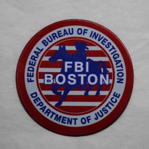 A blue figure of a colonial man on a horse on a red and white striped background, with the words FBI Boston across the image.