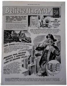 A black and white advertisement styled like a page of tabloid news, featuring a giant Paul Revere shouting over a cityscape.