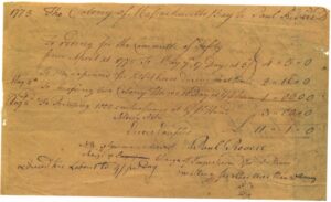 an invoice on Paul Revere's handwriting for work done between April 18th and 19th, 1775.