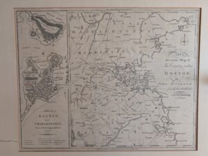 A copperplate engraving print of Boston and the surrounding area