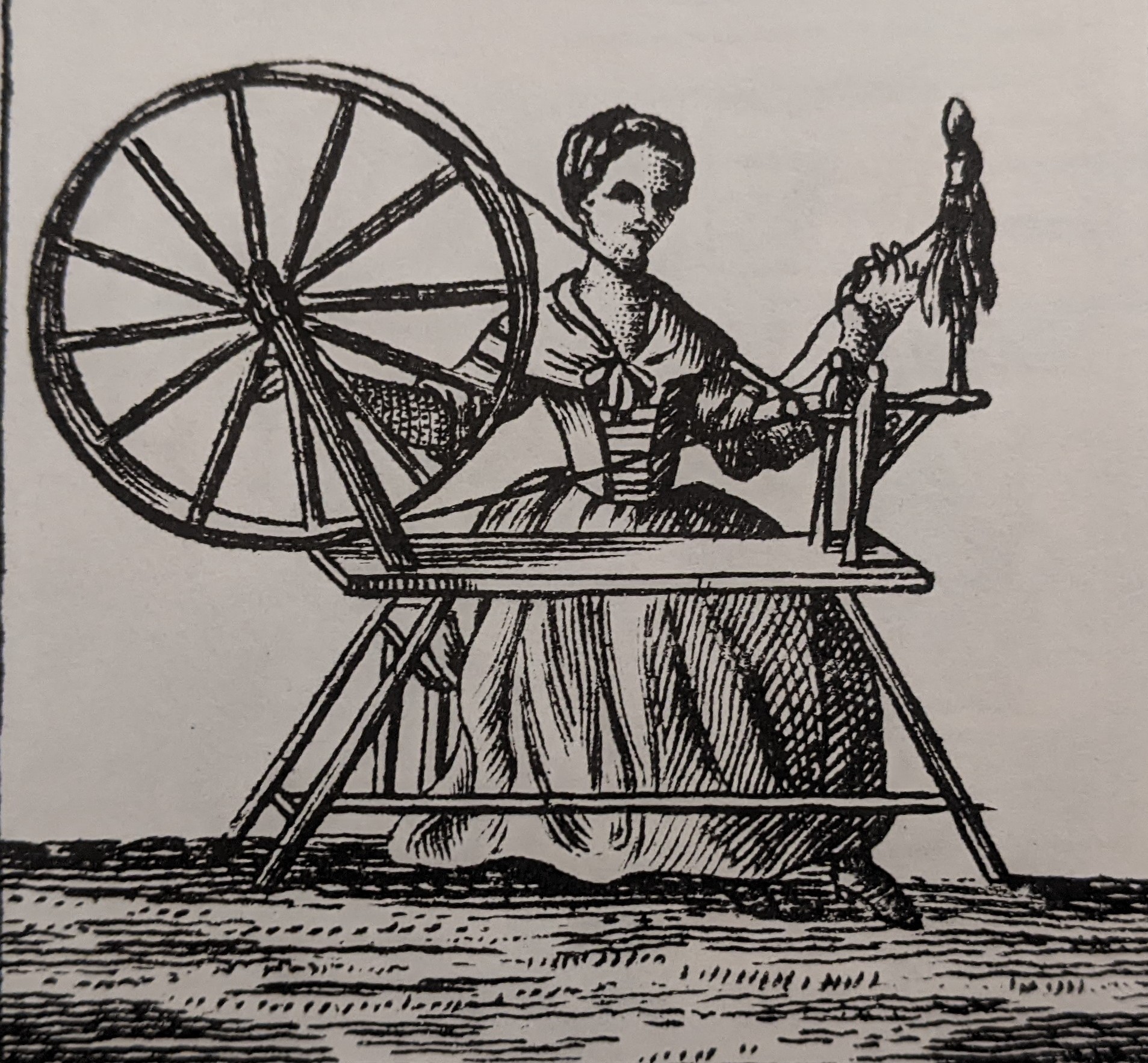 an 18th-Century engraving of a woman spinning on a spinning wheel