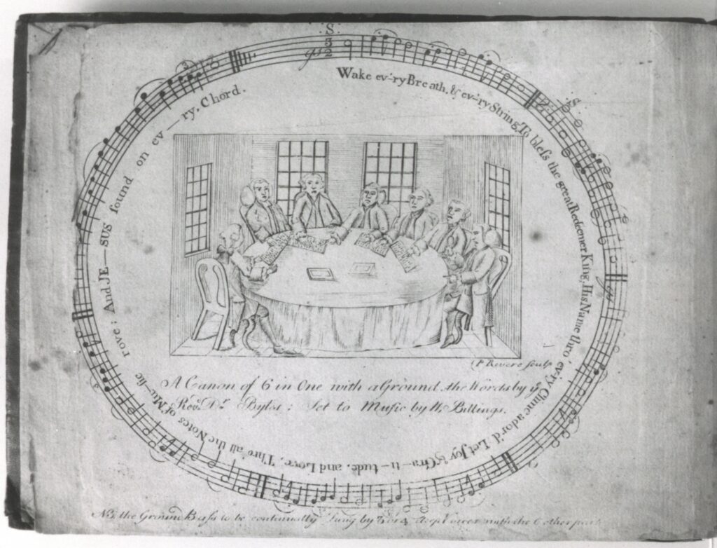 The frontispiece of the New England psalm singer, showing four singers seated around a table surrounded by a musical staff