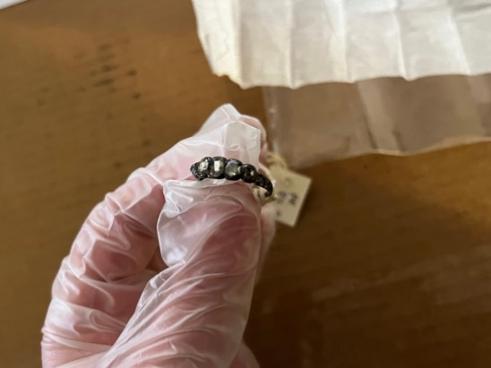 a gloved hand holding Rachel Revere's ring