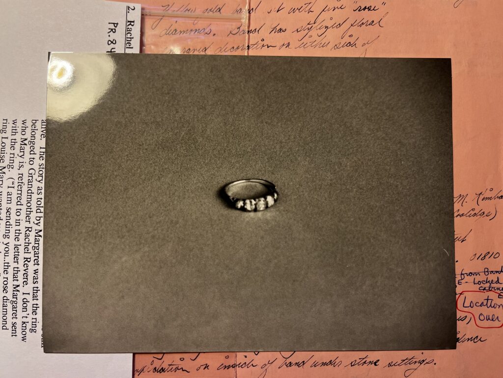 the collections notebook page for Rachel Revere's ring