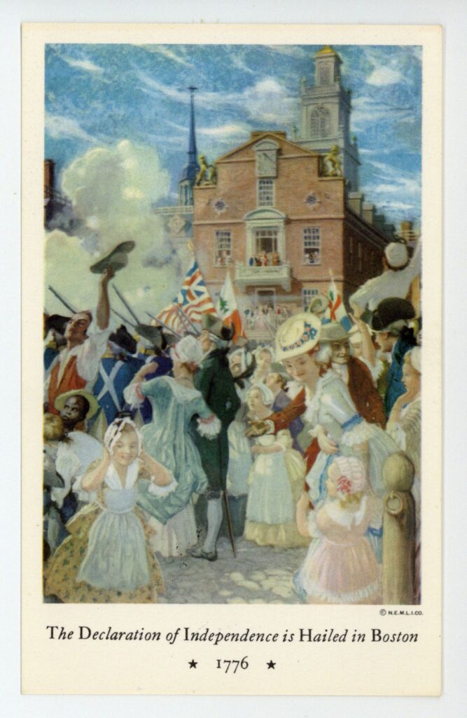 A postcard depicting colonists gathering at the Old State House to hear the Declaration of Independence. The Declaration is being read from the balcony, and revelers in the streets are firing off guns to celebrate