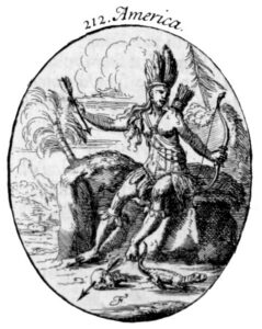 A black-and-white etching of an allegorical depiction of America, shown as a native American with a bow and arrow, wearing a feather headdress. She is seated on a bench of furs, and on the ground at her feet is a skull with an arrow through it, and a lizard.