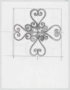 a sketch of a sankofa design for a fence. It is made of a set of four wrought-iron hearts, with each end of the lines swirled to make a spiral.