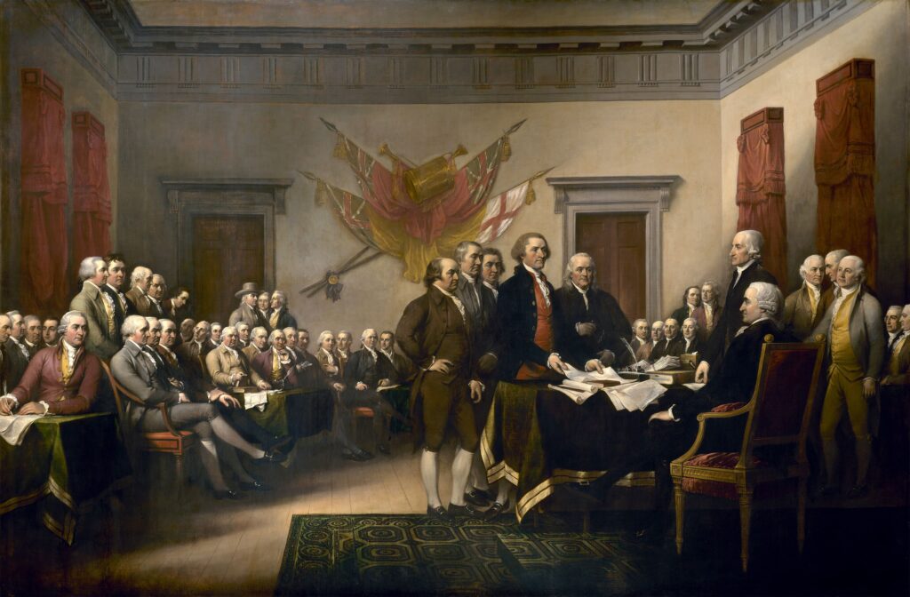 John Trumbull's famous painting of the Declaration of Independence. The painting depicts delegates from each of the thirteen colonies assembled in an ornate hall in Philadelphia.