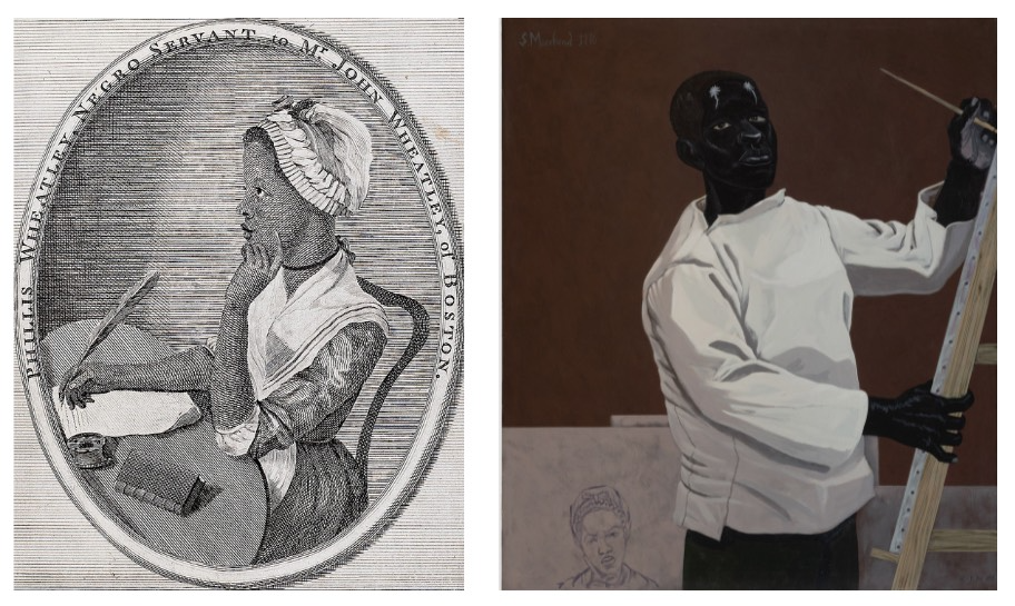 Two illustrations side by side. The first is an engraving of the teenage African-American poet Phillis Wheatley, seated at her desk writing with a quill pen. A caption on the engraving reads "Phillis Wheatley. Negro servant to Mr. John Wheatley of Boston." The second image is a modern painting of the enslaved artist Scipio Moorhead. He is standing at his easle and wearing a painting smock. In the background, and illustration of a black woman, potentially Phillis, can be seen.