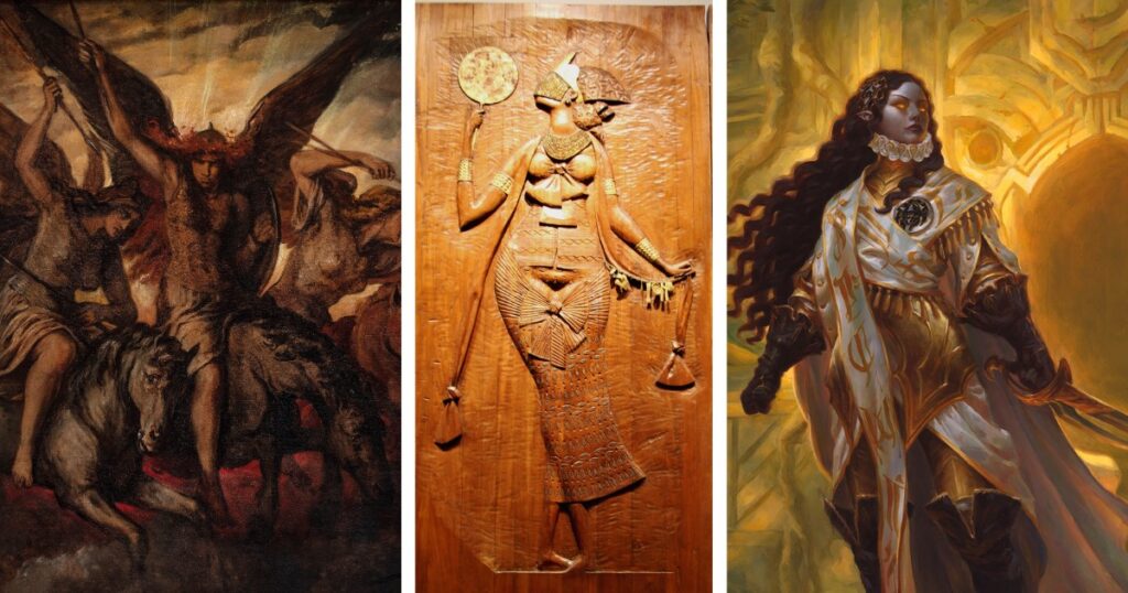Three images of warrior women. The first is a painting of three women with spears on horses: Valkyries (1871) by Elisabeth Jerichau Baumann. The second is a relief sculpture of Oxúm (Oshun) from the 27 panel Mural dos Orixás (1968) by Carybé; Elenda. It depitcts a woman with her eyes covered by a veil, holding a golden orb. The third is an illustration of a dark-skinned woman in white robes with long flowing hair, holding a sword. It is from the art for the Magic: The Gathering card for Dusk Rose (ca. 2018) illustrated by Chris Rahn. Each of the images shares a visual resemblance with the figure in Rixy's mural. (The horse, the veil, and the robes and armor)