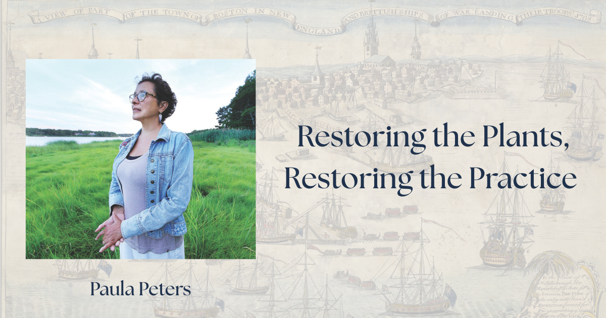 Lecture title with image of Paula Peters, with glasses and short dark hair, standing outside.